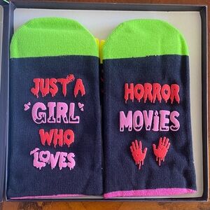 Brand New Neon Green and Black “Just a Girl Who Loves Horror Movies” Socks